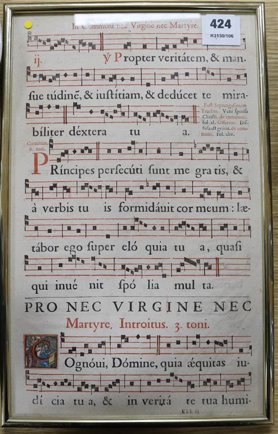 A late 17th century double sided printed sheet of music In Communi nec Virgine nex Martyre, 16 x 10in.